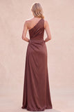 Chocolate One Shoulder Mermaid Ruched Maxi Dress with Slit
