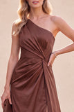 Chocolate One Shoulder Mermaid Ruched Maxi Dress with Slit