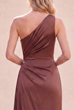 Chocolate One Shoulder Mermaid Ruched Maxi Dress with Slit