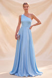 Sky Blue A-Line One Shoulder Satin Maxi Dress