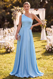 Sky Blue A-Line One Shoulder Satin Maxi Dress