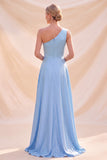 Sky Blue A-Line One Shoulder Satin Maxi Dress