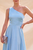 Sky Blue A-Line One Shoulder Satin Maxi Dress