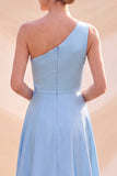 Sky Blue A-Line One Shoulder Satin Maxi Dress