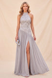 Halter Neck Light Grey A-Line Sequins Maxi Dress with Slit