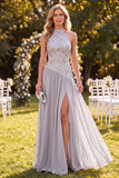 Halter Neck Light Grey A-Line Sequins Maxi Dress with Slit