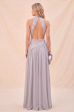 Halter Neck Light Grey A-Line Sequins Maxi Dress with Slit