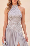 Halter Neck Light Grey A-Line Sequins Maxi Dress with Slit
