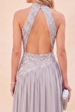 Halter Neck Light Grey A-Line Sequins Maxi Dress with Slit