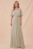 Taupe Chiffon A-Line Round Neck Maxi Dress with Belt