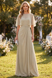 Taupe Chiffon A-Line Round Neck Maxi Dress with Belt