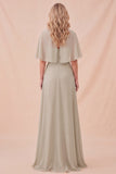 Taupe Chiffon A-Line Round Neck Maxi Dress with Belt