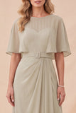 Taupe Chiffon A-Line Round Neck Maxi Dress with Belt