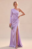 Light Purple One Shoulder Satin Ruched Mermaid Maxi Dress with Slit