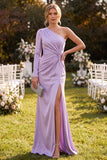 Light Purple One Shoulder Satin Ruched Mermaid Maxi Dress with Slit