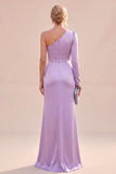 Light Purple One Shoulder Satin Ruched Mermaid Maxi Dress with Slit