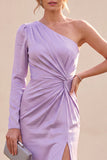 Light Purple One Shoulder Satin Ruched Mermaid Maxi Dress with Slit