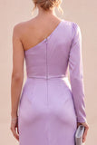 Light Purple One Shoulder Satin Ruched Mermaid Maxi Dress with Slit