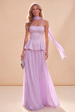 Light Purple Strapless A-Line Ruffled Chiffon Maxi Dress with Beading