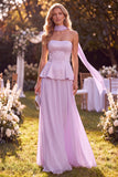 Light Purple Strapless A-Line Ruffled Chiffon Maxi Dress with Beading