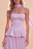 Light Purple Strapless A-Line Ruffled Chiffon Maxi Dress with Beading