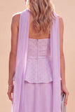 Light Purple Strapless A-Line Ruffled Chiffon Maxi Dress with Beading