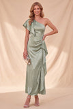 Dusty Sage One Shoulder Mermaid Ruffled Satin Maxi Dress with Beading