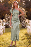 Dusty Sage One Shoulder Mermaid Ruffled Satin Maxi Dress with Beading