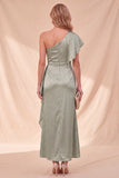 Dusty Sage One Shoulder Mermaid Ruffled Satin Maxi Dress with Beading
