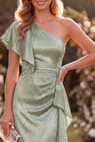 Dusty Sage One Shoulder Mermaid Ruffled Satin Maxi Dress with Beading