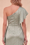Dusty Sage One Shoulder Mermaid Ruffled Satin Maxi Dress with Beading