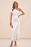 Dusty Sage One Shoulder Mermaid Ruffled Satin Maxi Dress with Beading
