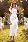 Dusty Sage One Shoulder Mermaid Ruffled Satin Maxi Dress with Beading