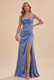 Slate Blue Satin Ruched Mermaid Spaghetti Straps Maxi Dress with Slit