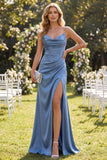 Slate Blue Satin Ruched Mermaid Spaghetti Straps Maxi Dress with Slit