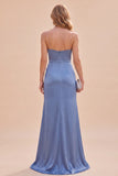 Slate Blue Satin Ruched Mermaid Spaghetti Straps Maxi Dress with Slit