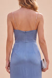 Slate Blue Satin Ruched Mermaid Spaghetti Straps Maxi Dress with Slit