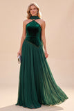 Halter Neck Dark Green A-Line Pleated Maxi Dress