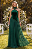 Halter Neck Dark Green A-Line Pleated Maxi Dress