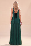 Halter Neck Dark Green A-Line Pleated Maxi Dress