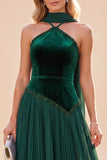 Halter Neck Dark Green A-Line Pleated Maxi Dress
