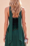 Halter Neck Dark Green A-Line Pleated Maxi Dress