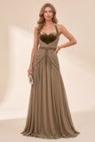 Khaki Halter Neck A-Line Maxi Dress with Beading