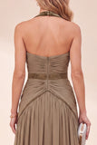 Khaki Halter Neck A-Line Maxi Dress with Beading