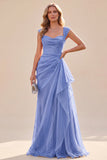 A-Line Blue Ruched Square Neck Maxi Dress with Ruffles