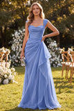 A-Line Blue Ruched Square Neck Maxi Dress with Ruffles