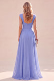 A-Line Blue Ruched Square Neck Maxi Dress with Ruffles