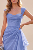 A-Line Blue Ruched Square Neck Maxi Dress with Ruffles