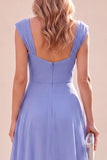 A-Line Blue Ruched Square Neck Maxi Dress with Ruffles