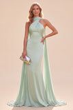 Mermaid Mint Green Satin Halter Neck Maxi Dress with Scarf